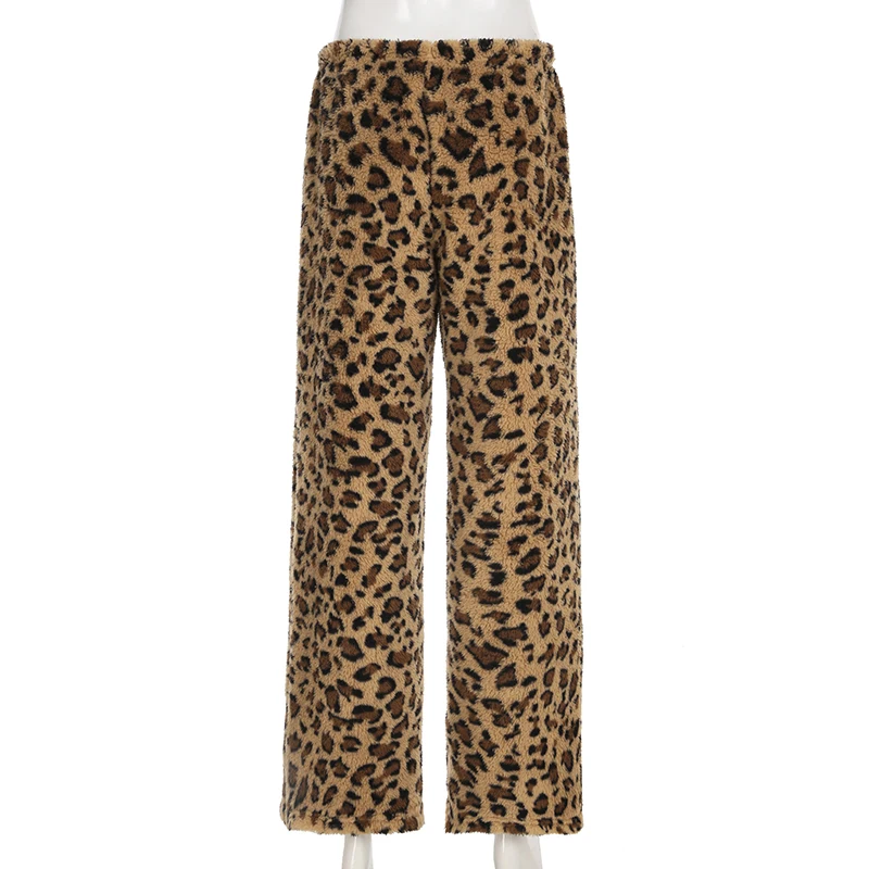 Biikpiik leopardo calças peludas loungewear rendas calças casuais senhora moda streetwear outono inverno roupas de fundo quente