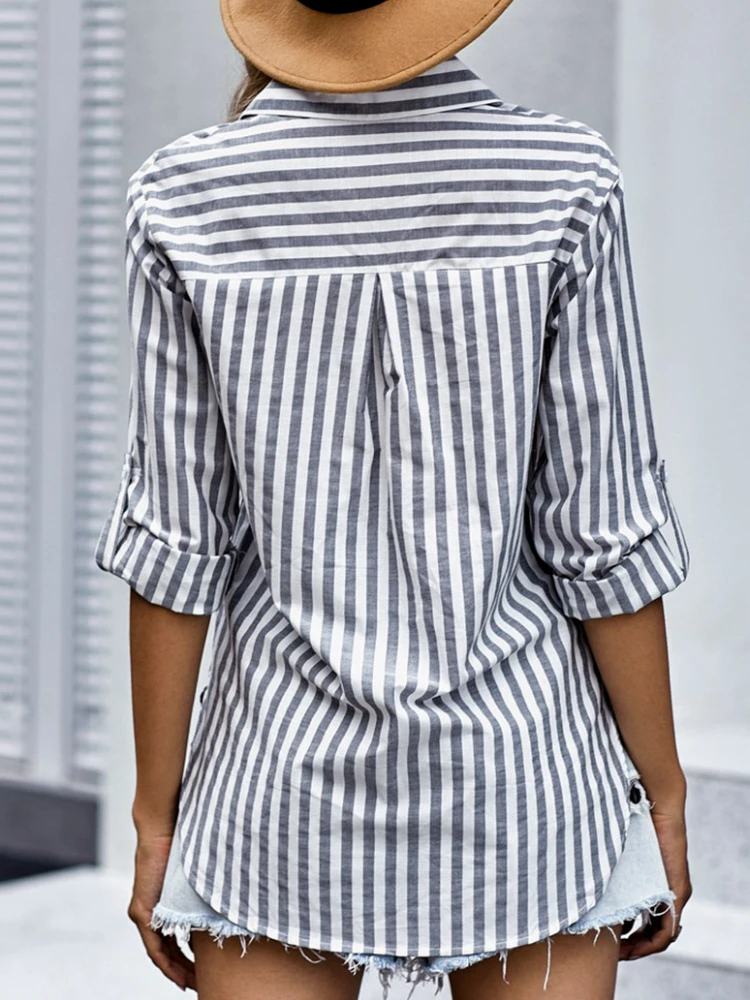 Women\'s Spring/Summer 2024 New Striped Single Breasted Long Sleeve Shirt Women Elegant and Youth Woman Stylish Blouse