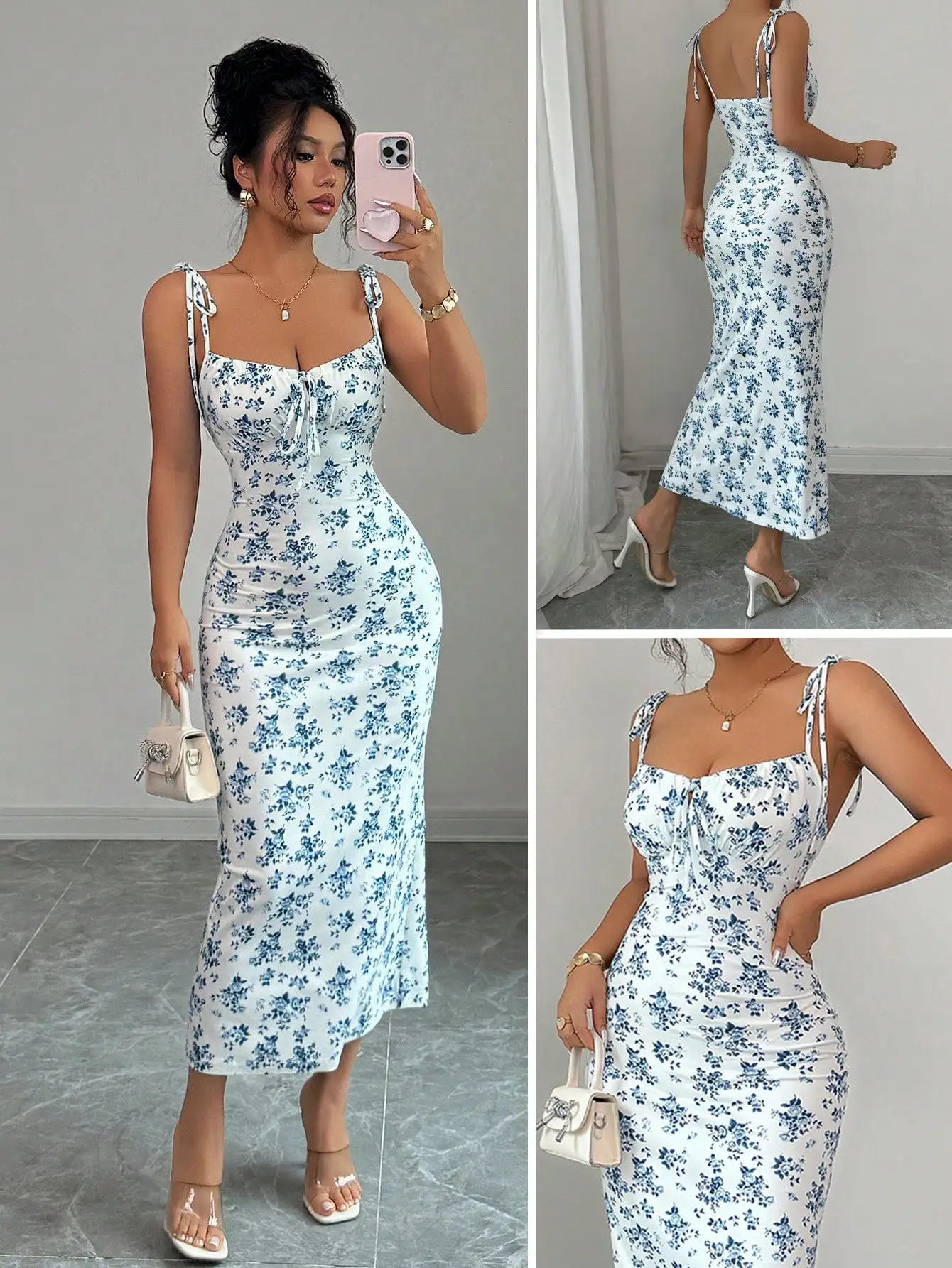 

Women's Blue Floral Print Strappy Midi Dress with Square Neck and Ruched Detail
