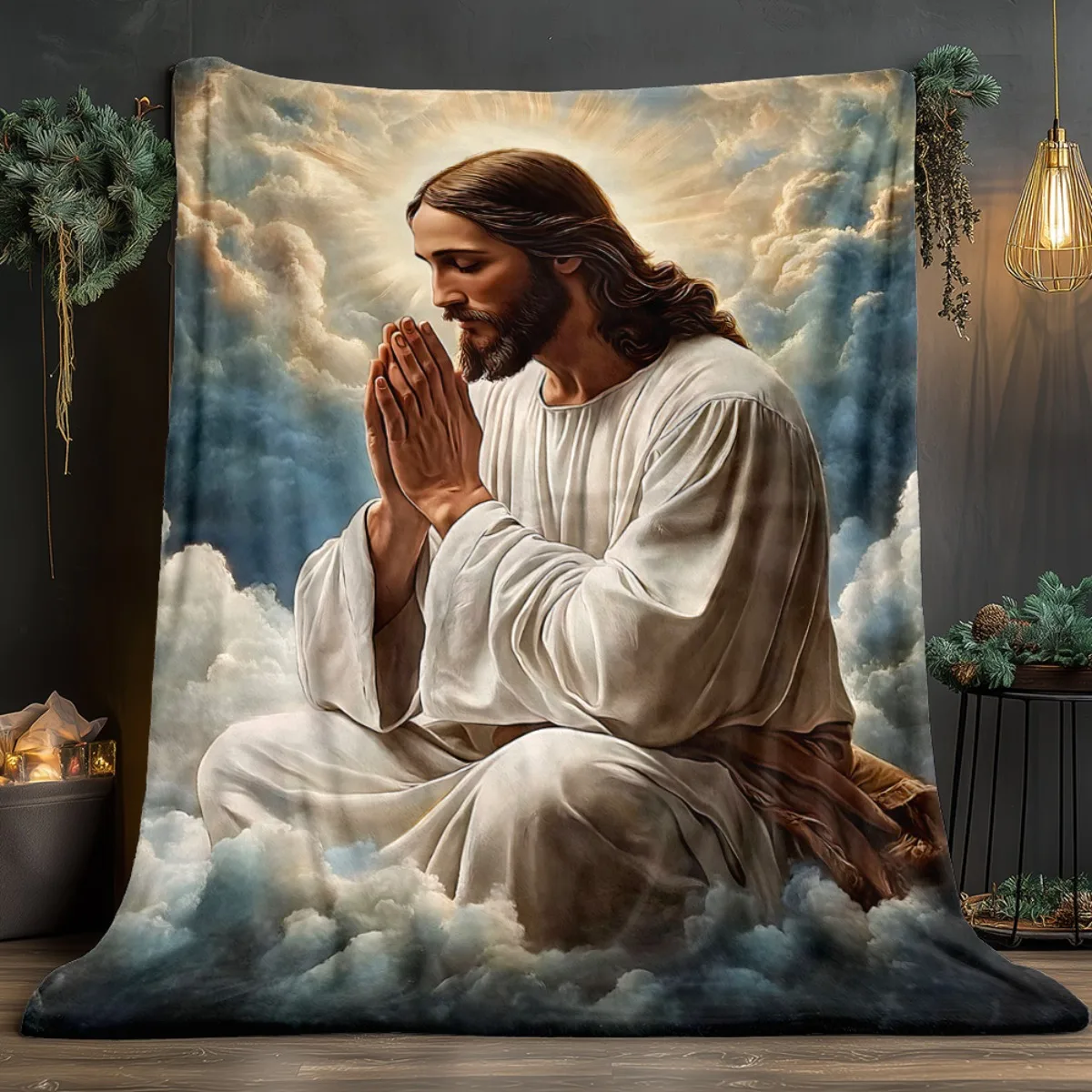 Jesus Christ Praying on Clouds Religious Art Fleece Blanket Christian Faith Gift Inspirational Home Decor Soft Cozy Throw Cover