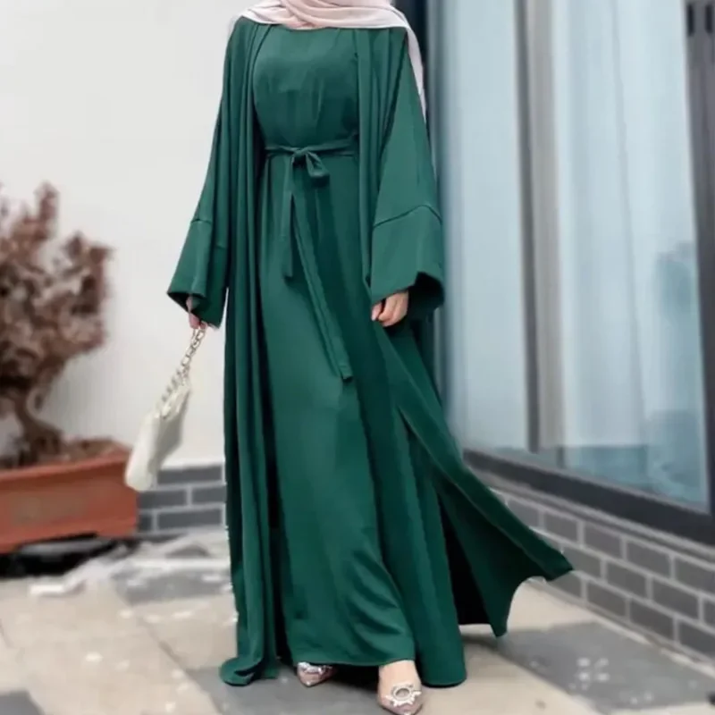 Muslim Suit Dress 2 Piece Set Solid Female Clothing Long Sleeve Coat Sleeveless Long Skirt Spring Summer Fashion Abaya Elegant