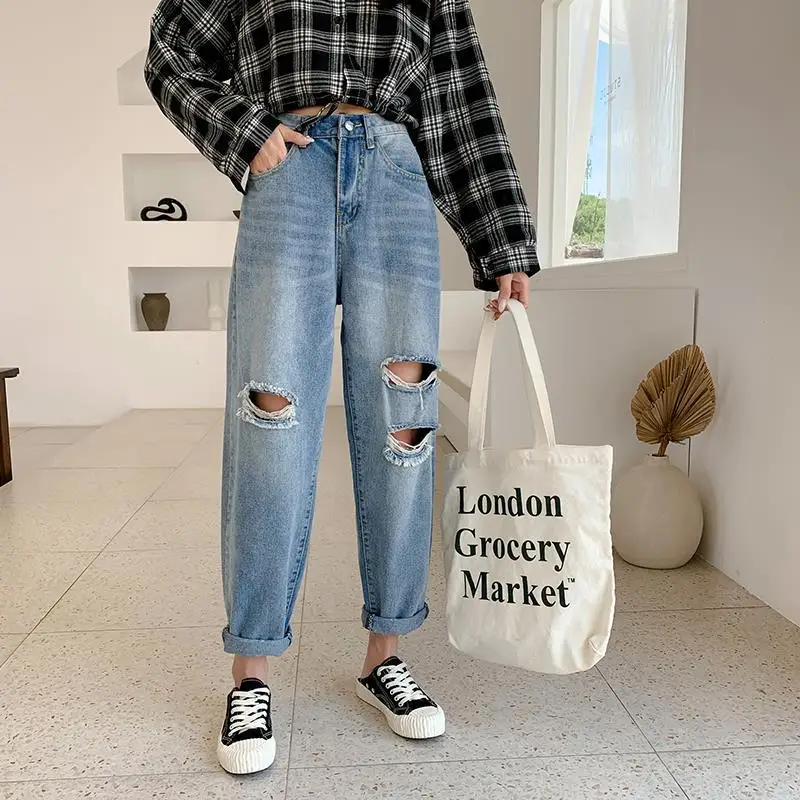 

Women's Jeans Ankle Length Pants Retro High Waist Oversized Harajuku Yk2 Ripped Denim Hollow Out Pants Casual Ladies Loose Jeans