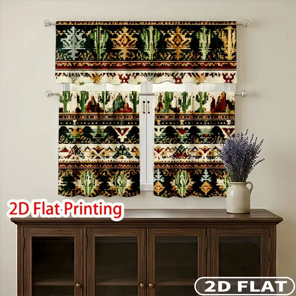 

3pcs Tribal Cactus Pattern Curtains Rod Pocket Valance Curtain Tier Machines Washable, Ideal For Bedroom Kitchen Home Decor