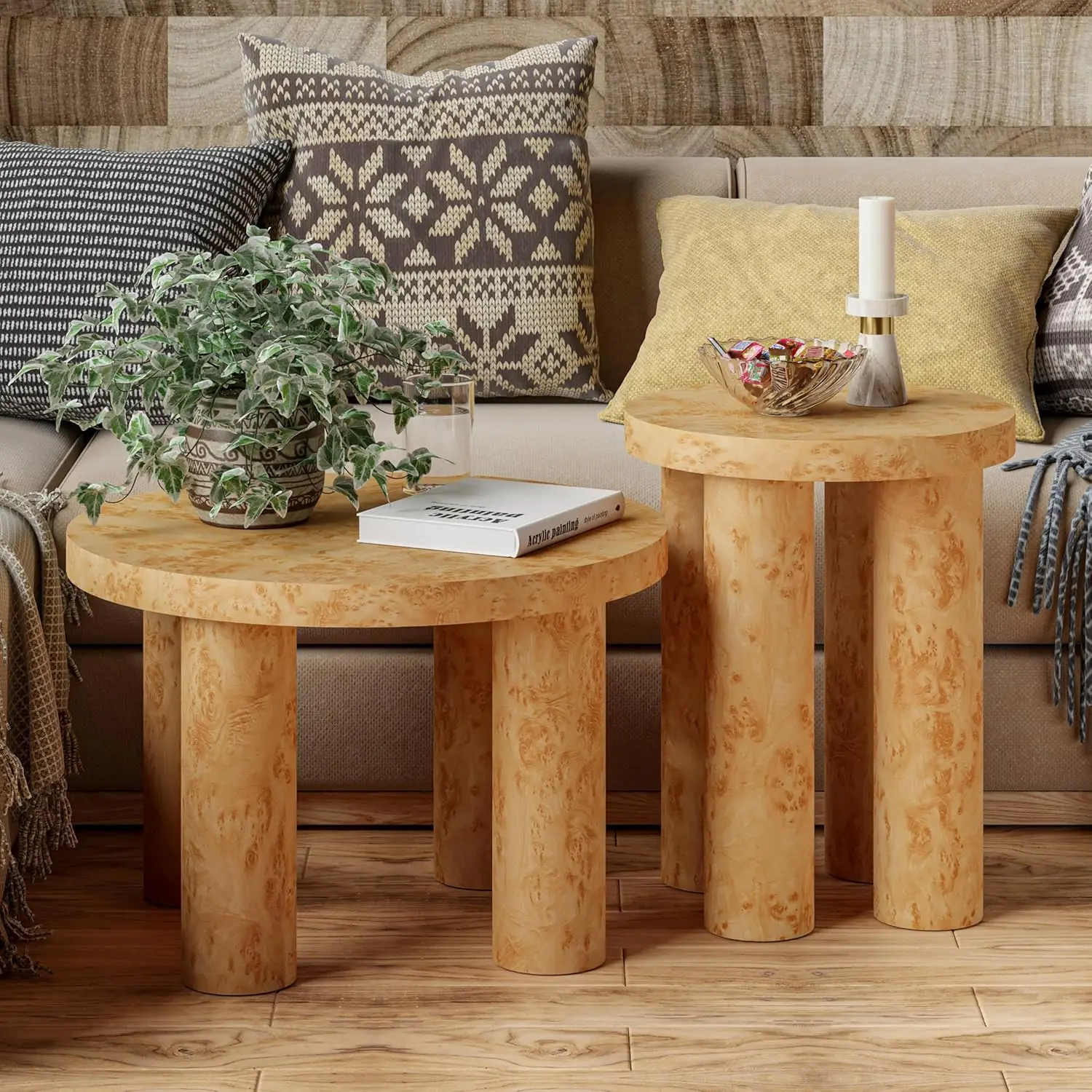 

Rustic Round Nesting Coffee Table Set Burl Veneer Pillar Legs Living Room Office Brown, Customized