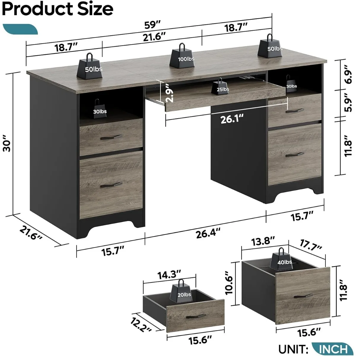 59 "Computer tisch mit 4 Schubladen, Schreibtisch mit Stauraum, industrieller Chefs ch reibt isch mit Akten schublade, Tastatur ablage und 2 Sockeln