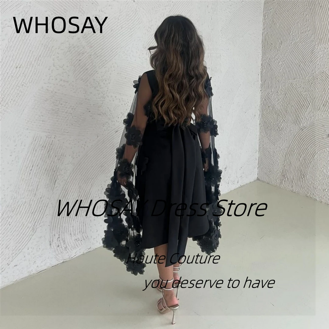 WHOSAY Black Short Prom Dresses for Saudi Women Square Neck Flowers Long Sleeves Robe Des Cocktail Party Holiday Banquet Evening