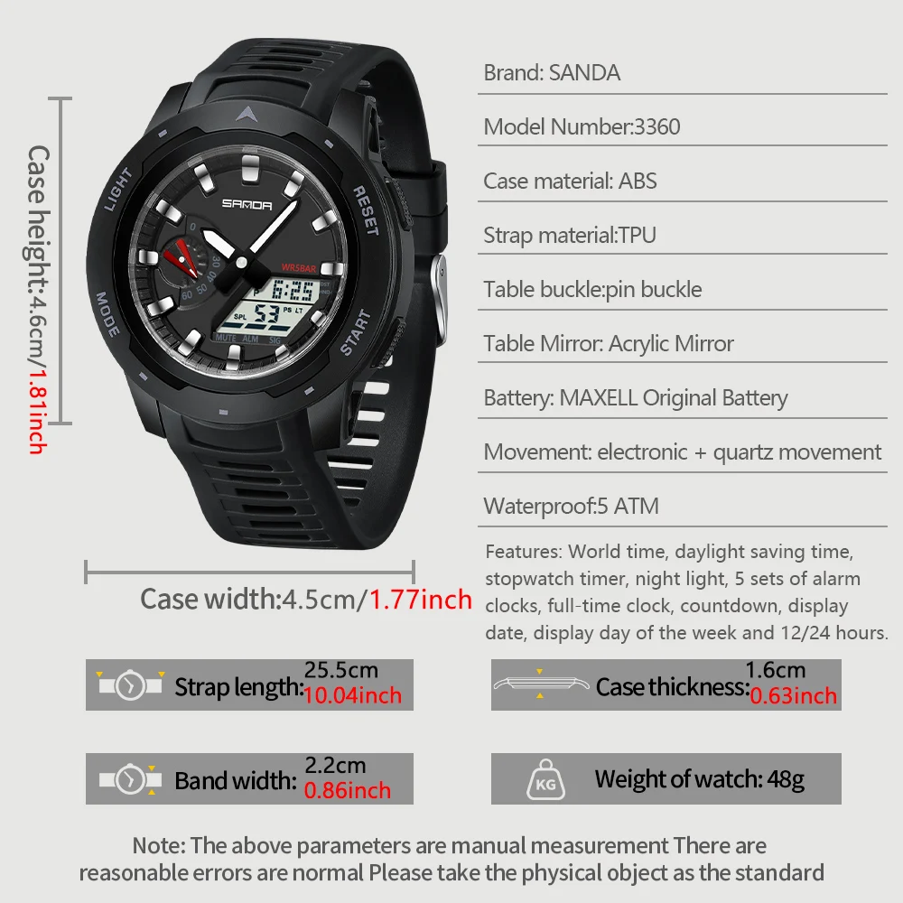 SANDA New Fashion Outdoor Sport Watches Man LED Digital Military Style Watch 5ATM Waterproof Men Dual Display Quartz Wristwatch