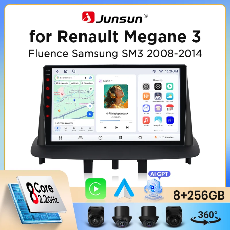 Autoradio Junsun sans fil CarPlay Android Auto pour Renault Megane 3 / Fluence 2008-2016 avec ventilateur de refroidissement intégré, navigation GPS Android, lecteur multimédia, WiFi, DSP, RDS, BT,