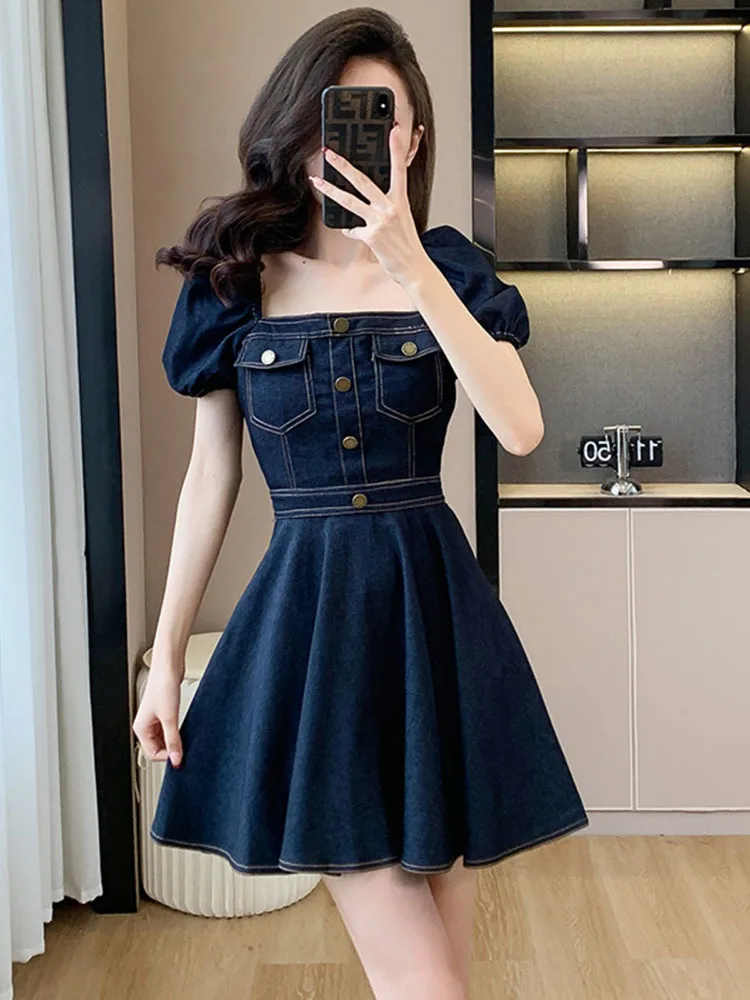 

Vintage Summer Women's Denim Dress Chic Square Collar Puff Short Sleeve Single Breasted A-line Female Mini Dress