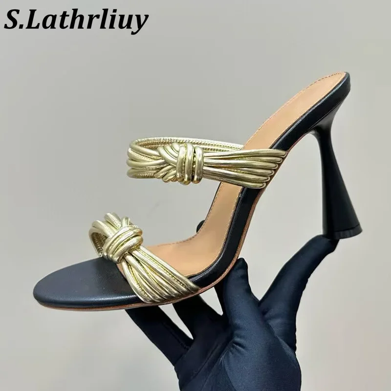 

Summer Genuine Leather Binding High-Heel Slippers Women Simple Fashionable Open Toed Sandals Leisure Vacation Dresses Shoes