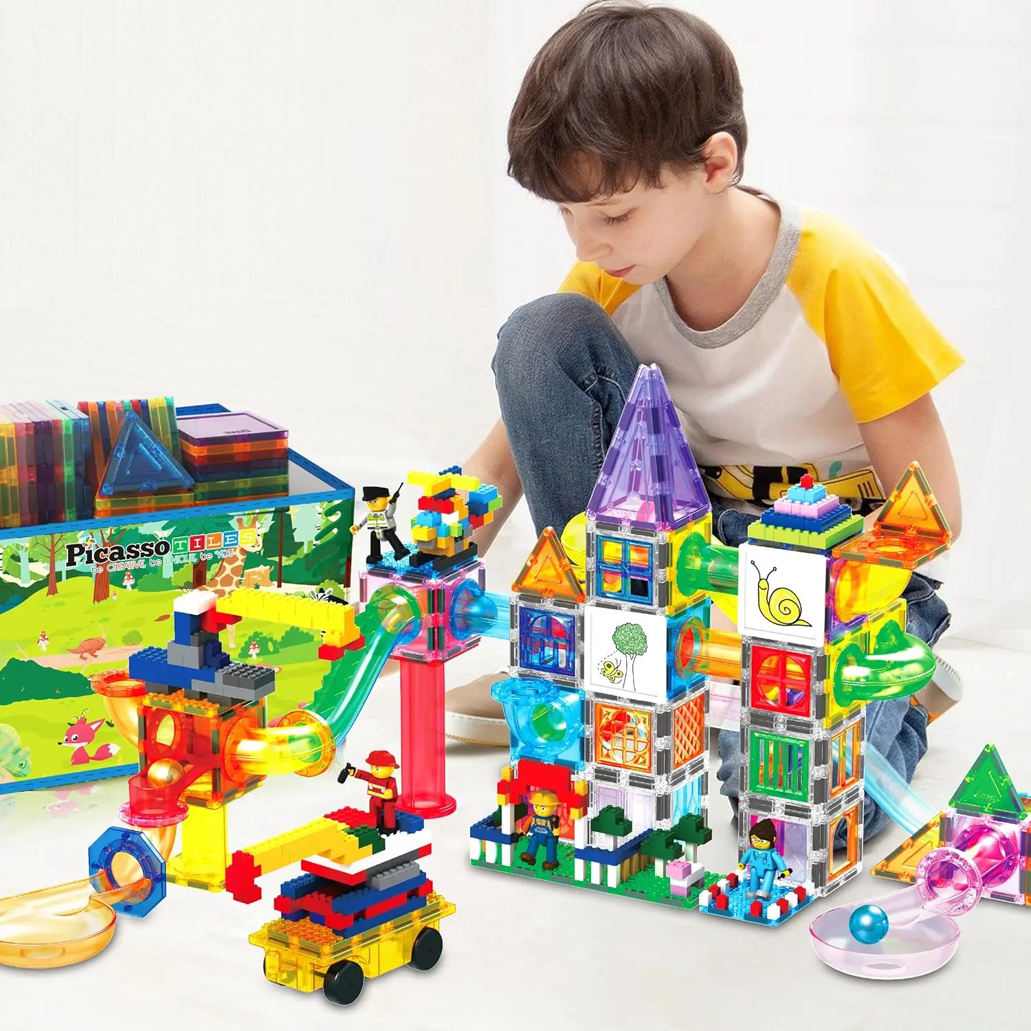 700 ชิ้น Marble Run กระเบื้องแม่เหล็กและอิฐ Combo แม่เหล็กกระเบื้อง Building Blocks Construction เด็กวัยหัดเดินของเล่นชุดถังเก็บ