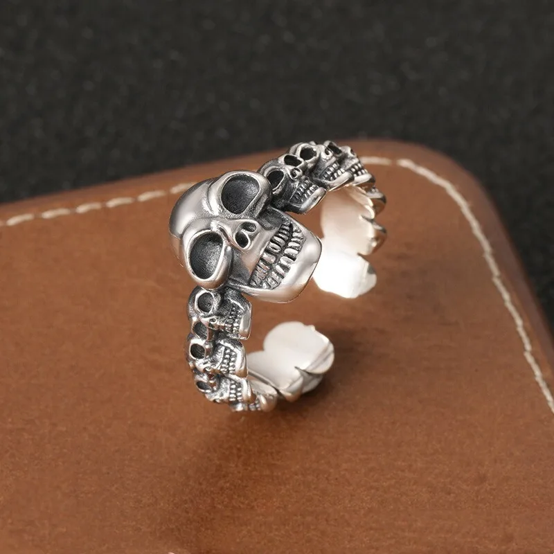 Men's Gothic Multi-Skull Open Ring Adjustable Band Vintage Punk Biker Statement Individuality Jewelry in Gun Black & Gold 2026