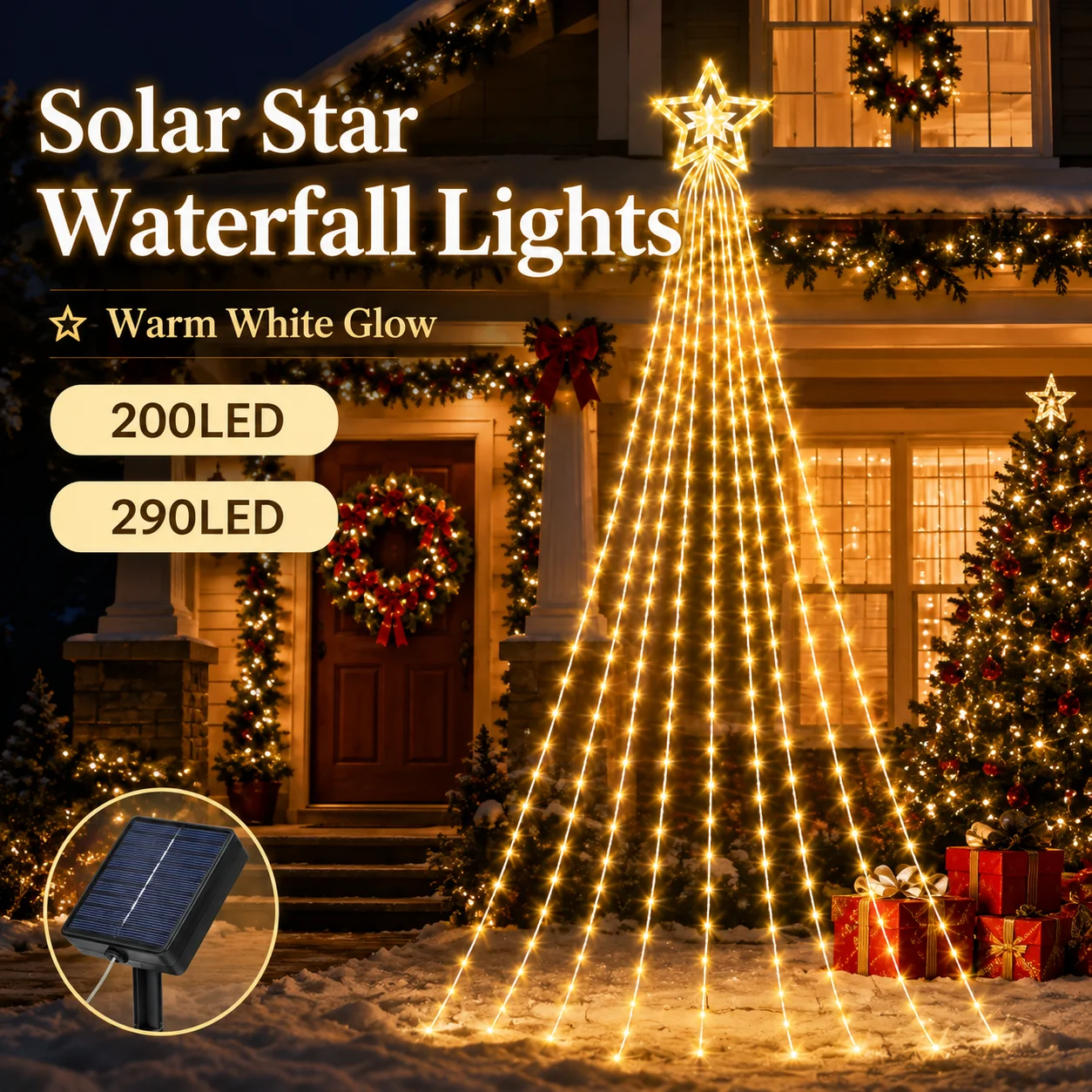 Solar Star Waterfall Lights 200/290LED 8 Modes Cascading Fairy String Lights for Outdoor Yard Garden Patio Christmas Holiday Dec
