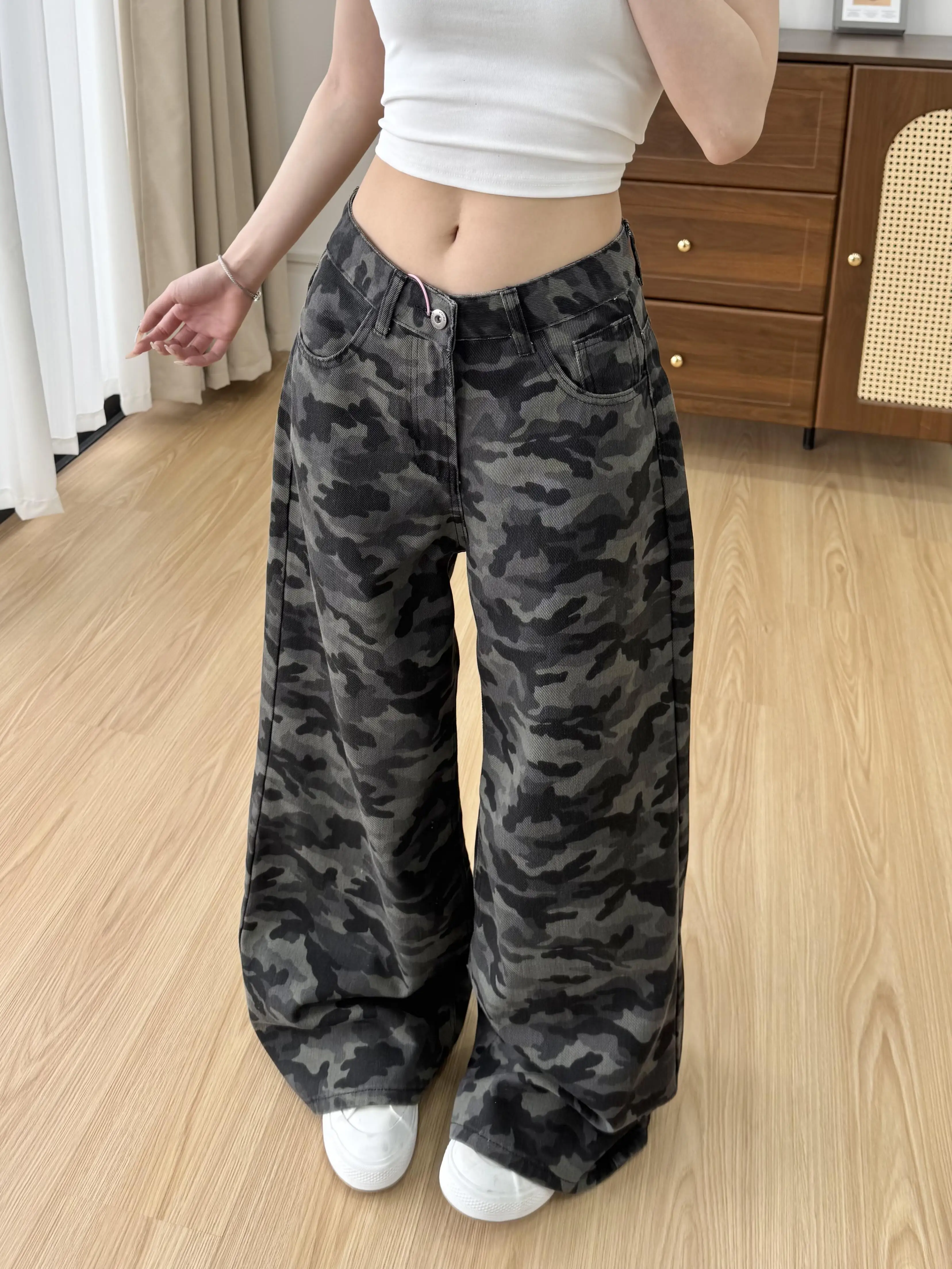 AOSSVIAO Vintage Camo Women Jeans Wide Leg Denim Pants 2026 Autumn High Waist Niche Loose Casual Floor-Length Straight Trousers
