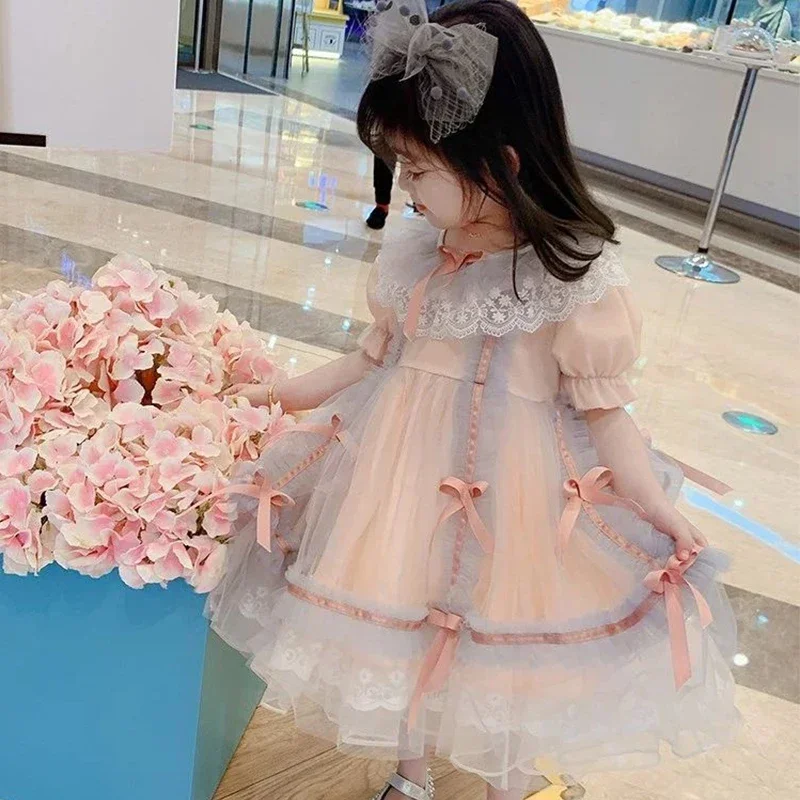 Girls Party Dress Summer Pink Elegant Princess Dress Kids Bow Lace Birthday Party Clothes 1-8 Years Lolita Pompon Dress
