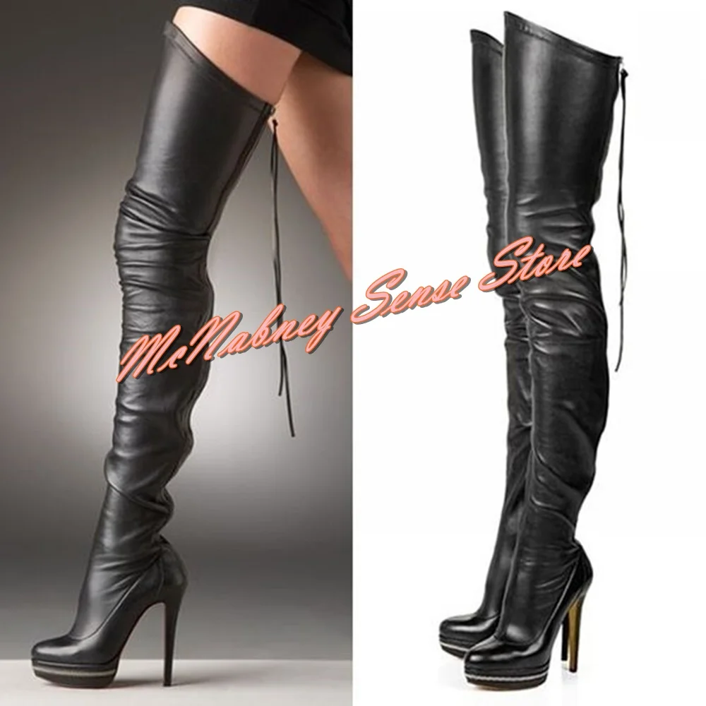 Elastic Platform Fringe Boots Round Toe Stiletto Heels Fitted Women Shoes Back Zipper Solid Over The Knee Autumn Party Boots New