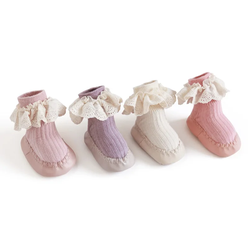 Baby Girls Ruffle Socks With Rubber Soles Infant Sock Newborn Autumn Children Floor Lace Flowers Shoes Anti Slip Soft Sole Sock