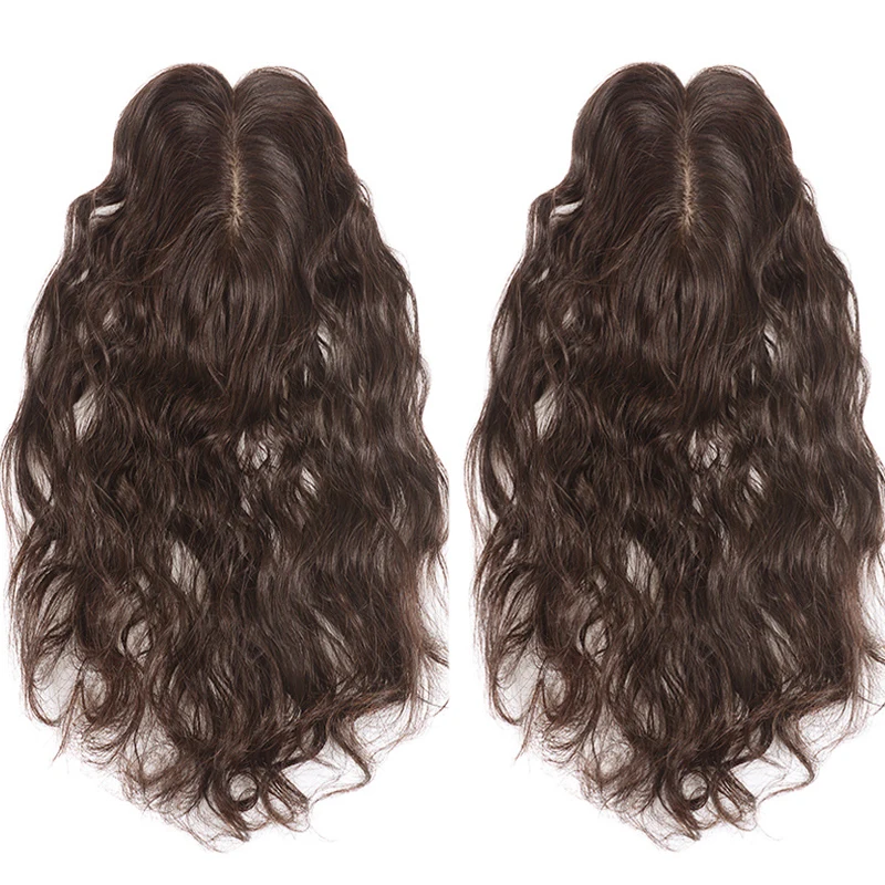 Clipe Marrom Longo Top De Seda Para Mulheres, Ondulado Europeu, Topper De Cabelo Humano Virgem, Pedaço De Cabelo Respirável, Base De Cabelo Afinando