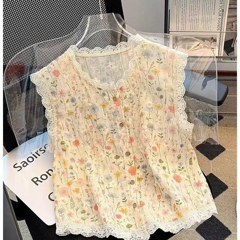 Summer Women Lace Floral Sleeveless Shirt 2026 New Woman Elegant Lace Flower Casual Shirts Korean Style Sweet Thin Lace Blouses