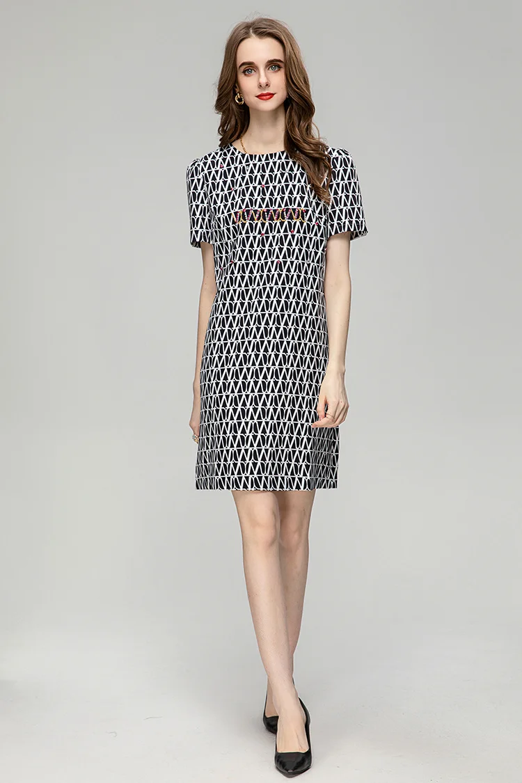 New Fashion Designer Summer Elegant Simplicity Women's O-Neck Short Sleeve Diamond Geometric Print Mini Dress