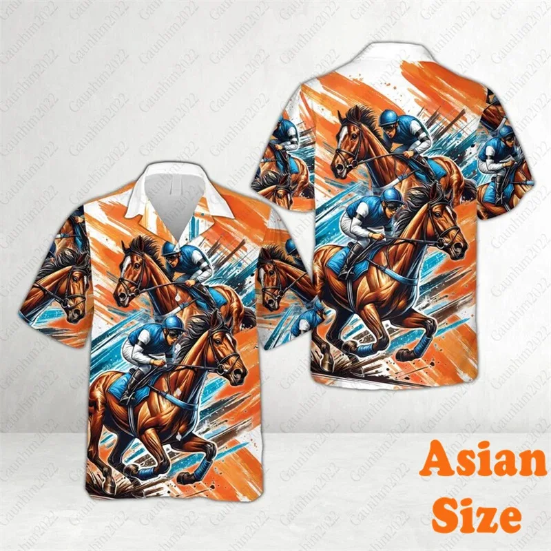 Fashion Horse Race All Over Print Shirts Men's Clothing Street Graffiti Design Harajuku Trend Short Sleeve Asian Size Blouse