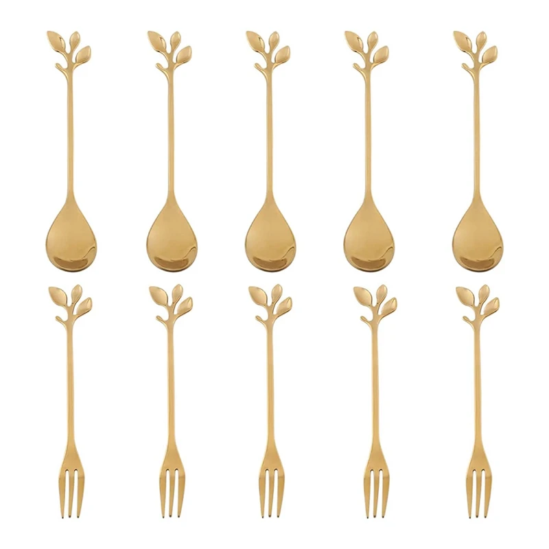 

20Spoon+20Forks Stainless Steel Leaf Coffee Cake Spoon Fork Dessert Spoons, Stirring Teaspoon Set Golden