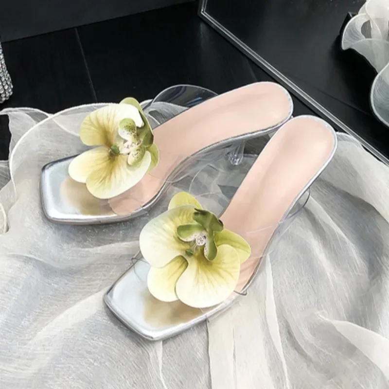 

Shoes for Women 2024 New Elegant Flower Decoration Women's Transparent Slippers Plus Size 43 Sexy Stiletto Party Prom High Heels
