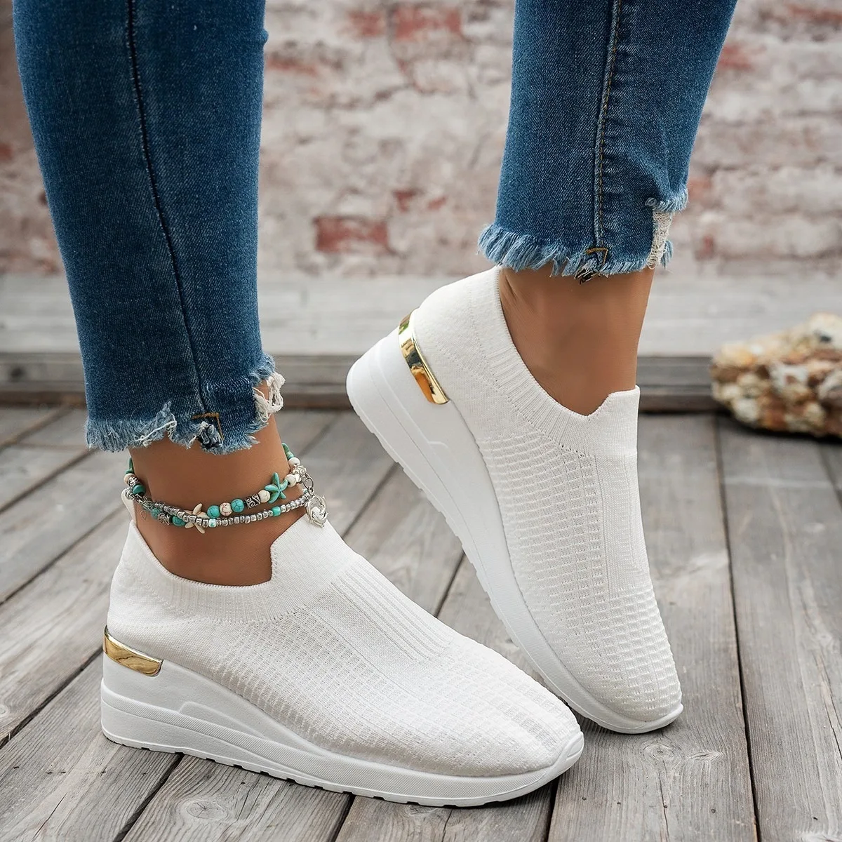 Leopard Print Knitted Wedge Sneakers for Women Lightweight Slip On Running Shoes Woman Soft Sole Comfortable Casual Shoes 37-44