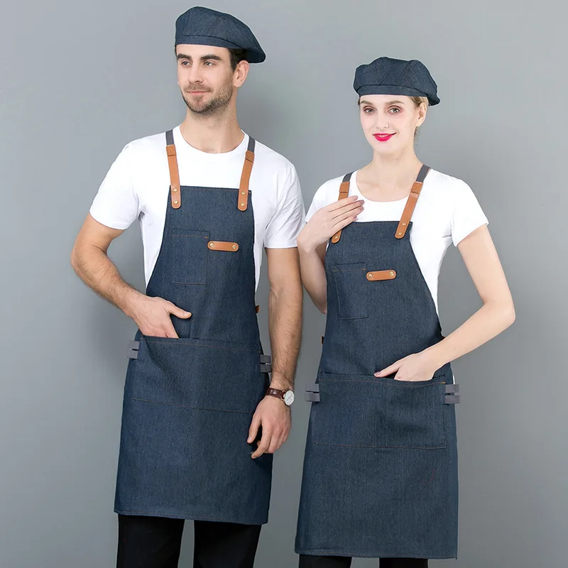 Korean Style Denim Halter Apron - Thin Breathable Canvas Work Apron for Bubble Tea Shops, Supermarkets & Western Restaurants