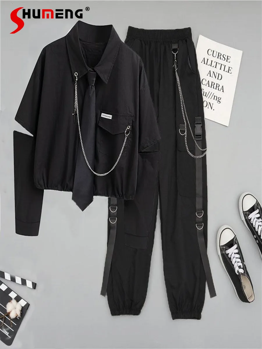 

Female Suit Woman Tow Pieces Pants Korean Fashion Chain Streetwear Harajuku Shirt+Sweat High Waist Y2k Aesthetic Two-piece Suit