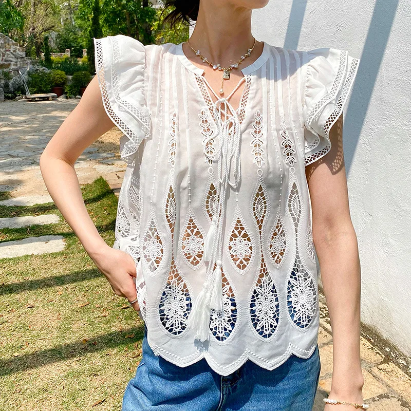 

Women’s Hollow Embroidered Ruffle Sleeve Blouse – Boho Lace Crochet Top with Tassel Tie for Casual Holiday Summer Outfits