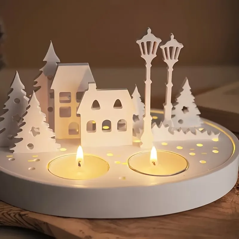 3pcs Hollow Street View Tree House Lamp Candlestick Silicone Mold set, Gypsum Casting Candlestick,for DIY Crafts Casting Tools