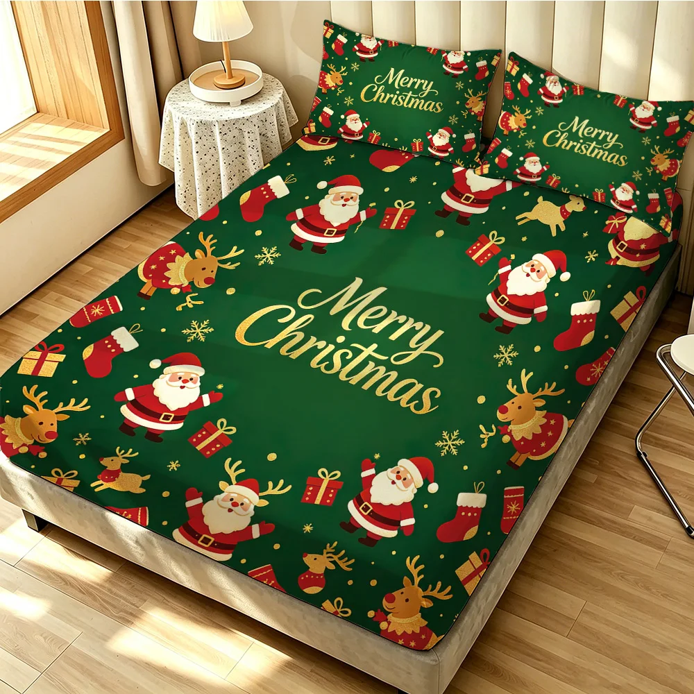 3PCS Christmas Santa Claus Reindeer Print Duvet Cover Set No Insert Soft Machine Washable 1 Duvet Cover 2 Pillowcases Fashion