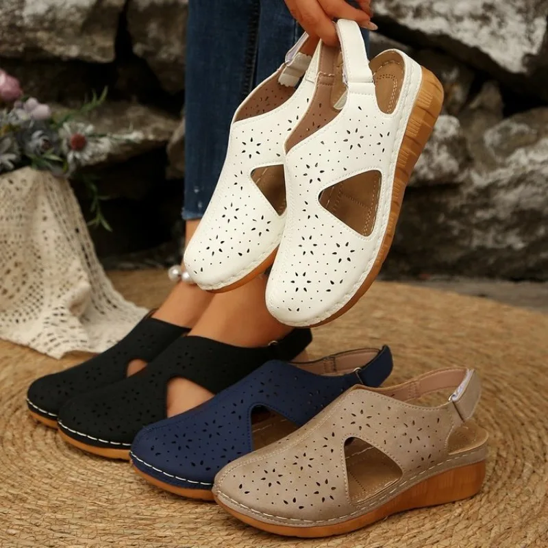 Sandalias de cuña huecas para mujer, suela suave antideslizante, zapatos casuales cómodos, calzado ortopédico económico para caminar