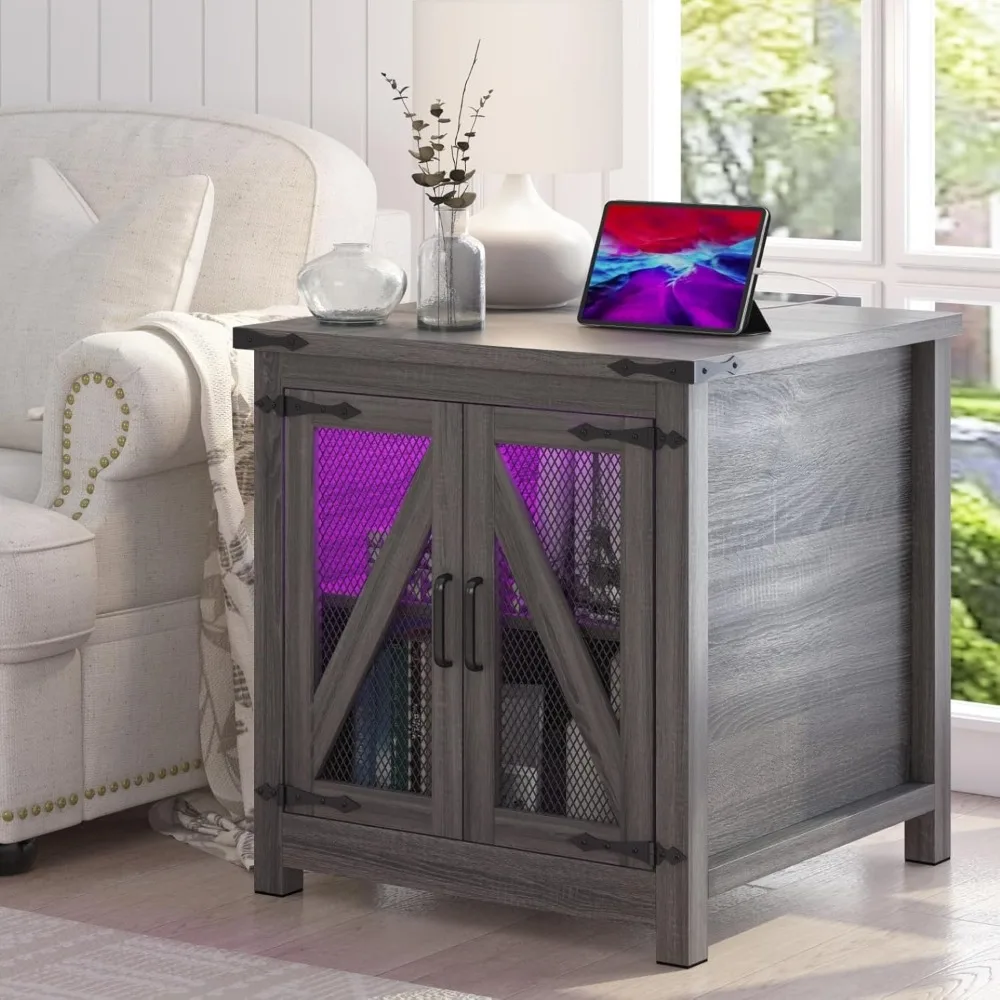 

Rustic Farmhouse Style Side Table with Charging Port, 24 Sofa Table, Mesh Barn Door, and Adjustable Shelving