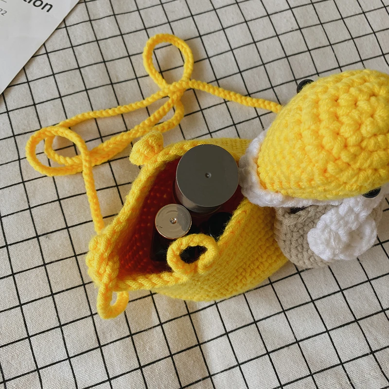 Handmade Woven Bag Cute Yellow Duck Knitted Shoulder Crossbody Bag Purse Lady Girl Crochet Doll Mobile Phone Bag Cartoon Handbad