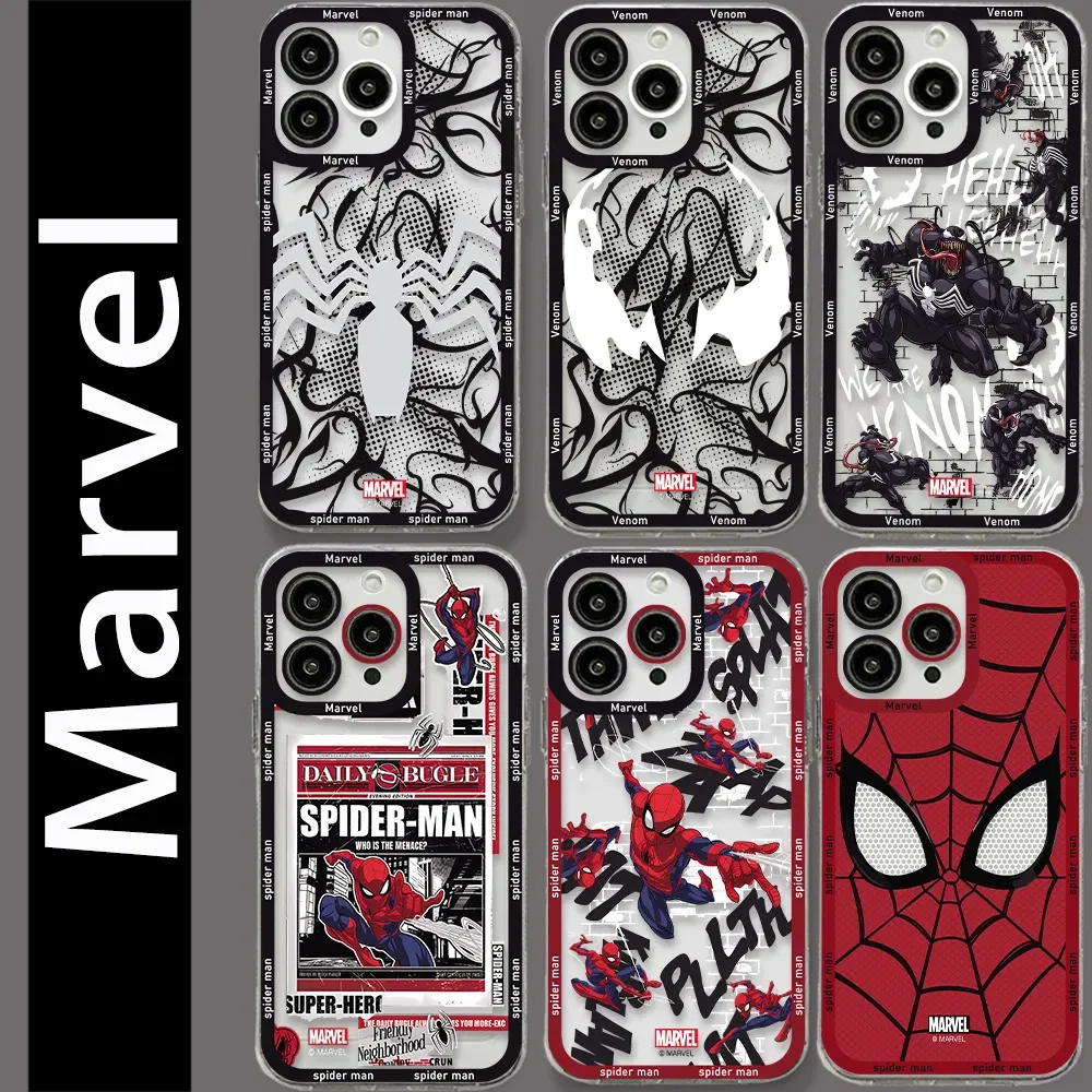 Super Hero Marvels Venom Spiders-Man Phone Case for IPhone 15 14 13 12 11 Pro Max X XR XS Max SE 6 7 8 Plus Transparent Cover