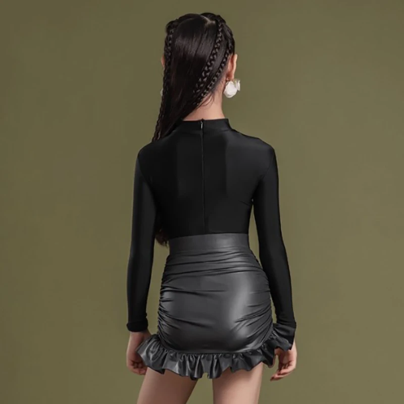 Dziecięcy strój do tańca latynoamerykańskiego dla dziewczynek, body z długim rękawem i spódniczka z zakładkami, standardy, profesjonalny strój do występów i egzaminów dla dzieci.