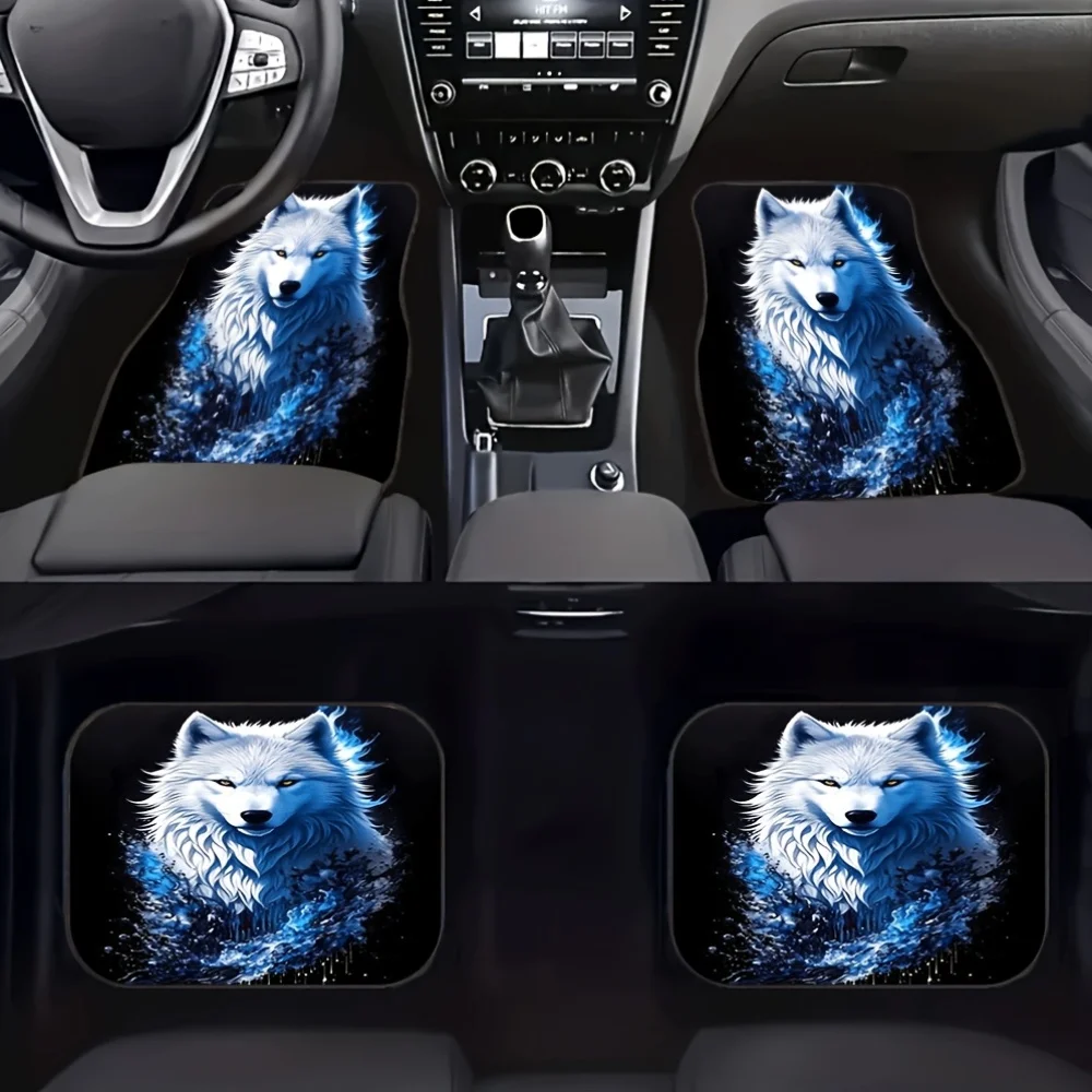 

4pcs Ice Blue Wolf Pattern Car Floor Mats Set, Universal Anti-Slip And Dustproof Front & Rear Car Mats, Cool Frost Wolf King Pri