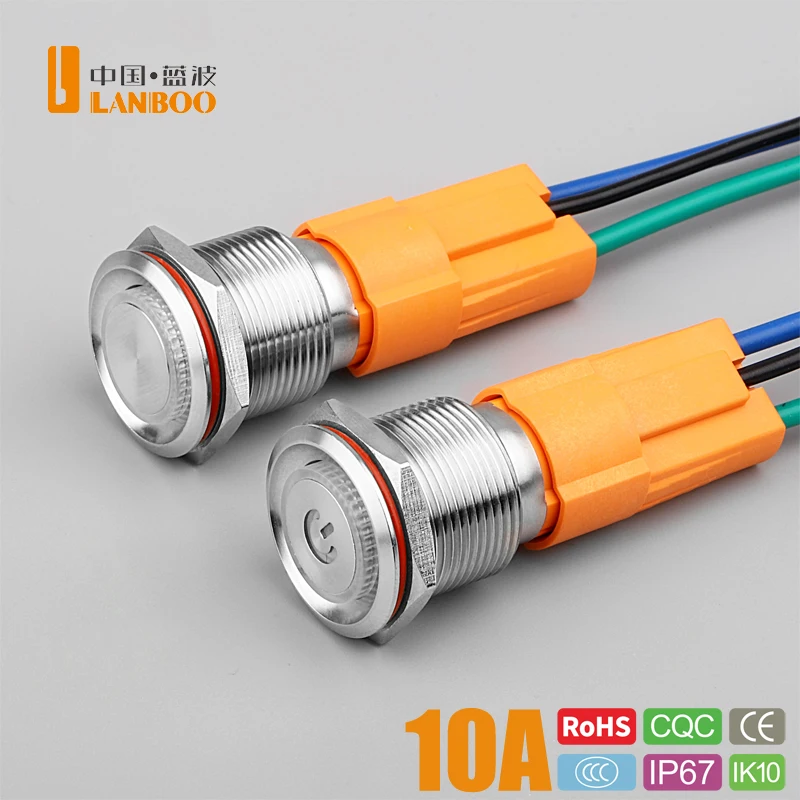LANBOO 19mm 10A High current Flat Head Push Button Power Switch Self Locking Reset Soldering 1NO