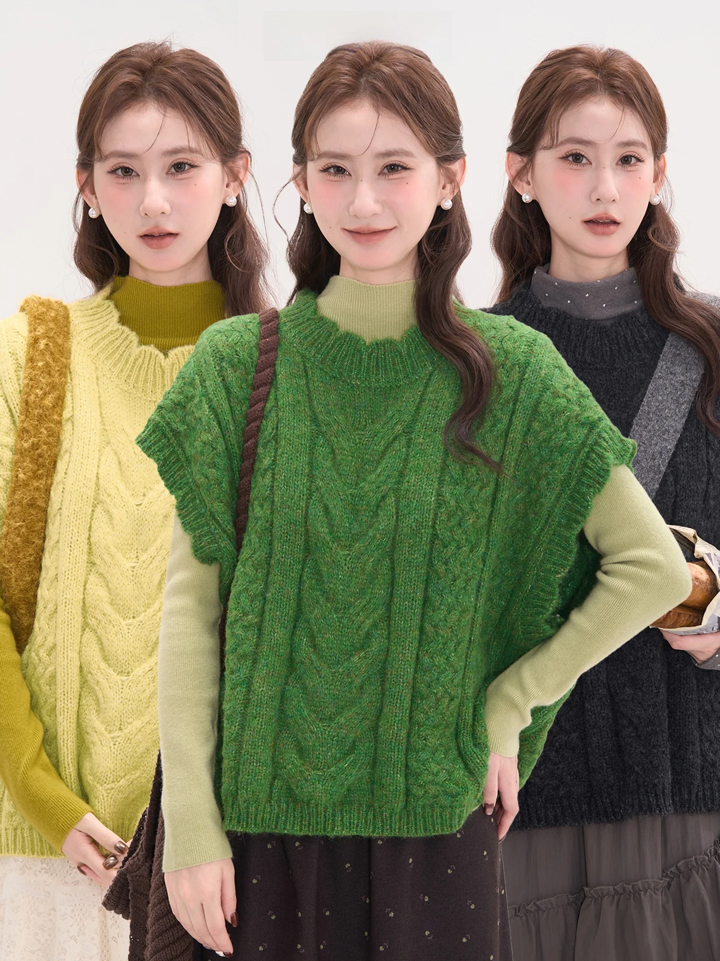 

Heme 30 Wool Korean Sle ort Sve round Ne Wave Lace Sweater Women's Autumn Faion Commute Loose Fit Single Piece
