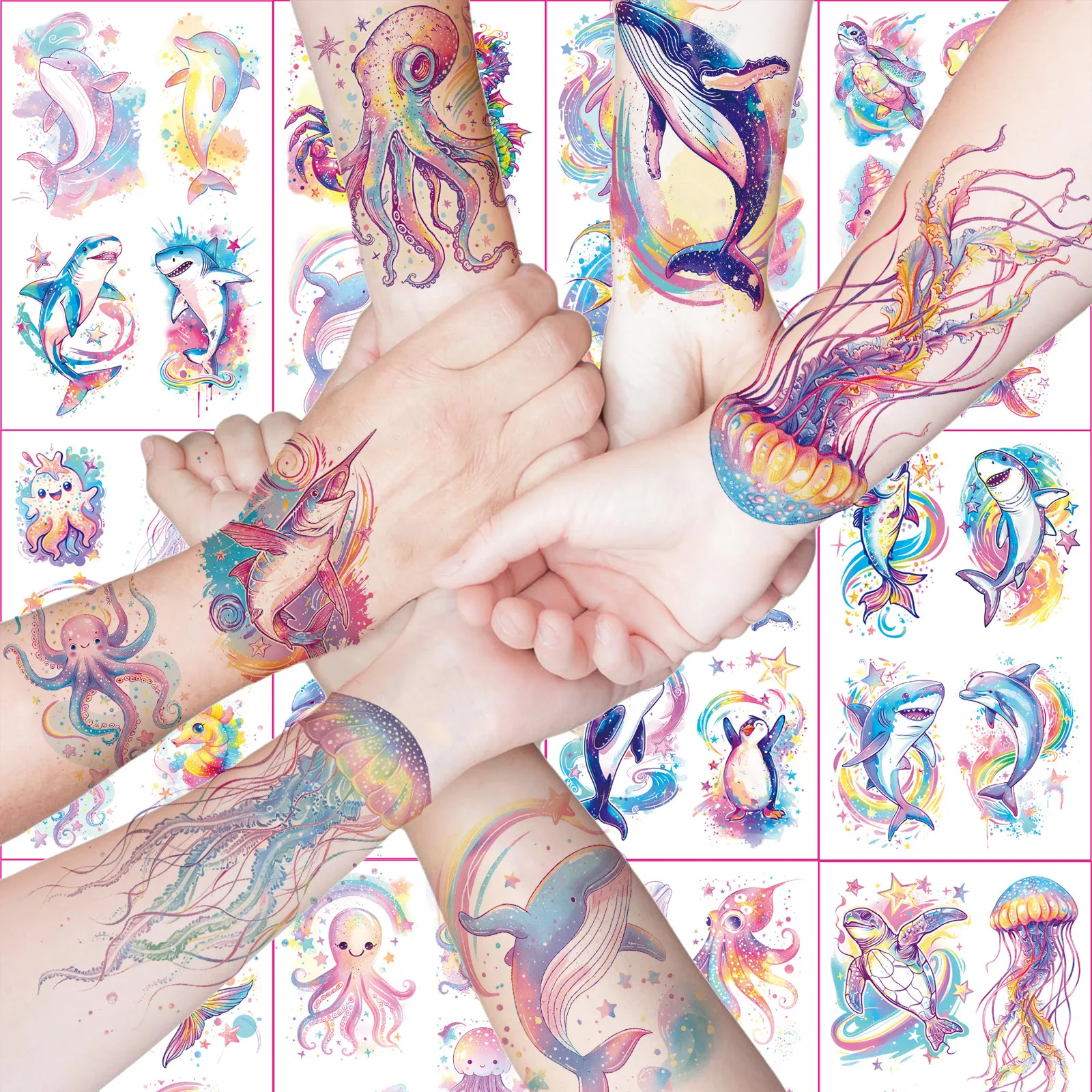 12pcs Sparkling Marine Creatures Shark Penguin Seahorse Whale Temporary Tattoo Stickers, Cute Design Waterproof