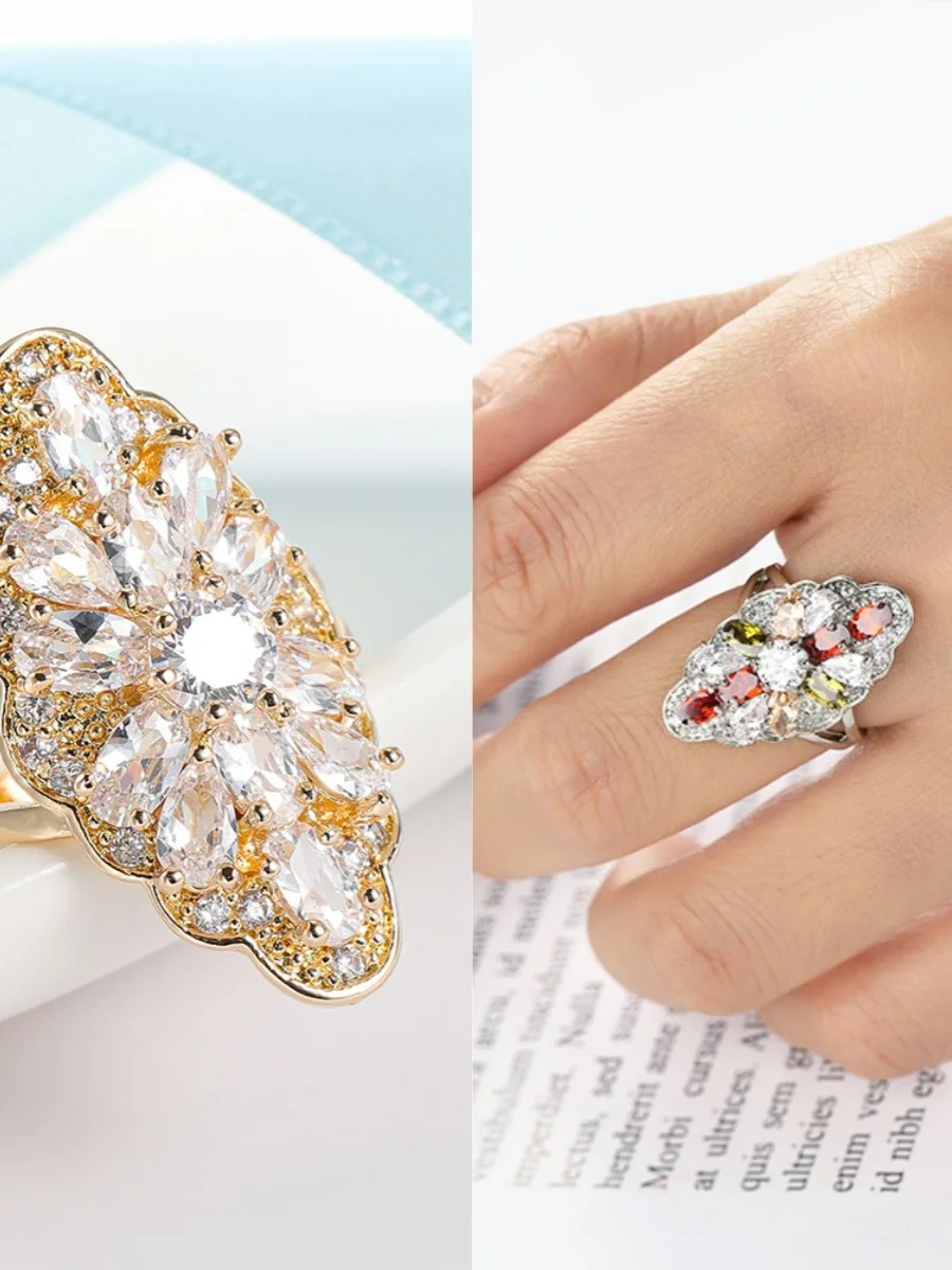 

Элегантное кольцо с цветочным узором и цирконами, геометрической формы, для банкетов, модное ювелирное украшение, высококачественные камни