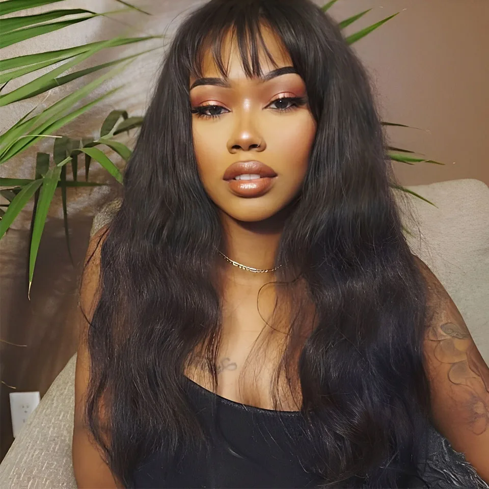 

Lekker Clearance Black Wavy Long 100% Human Hair Wigs With Bangs For Women Brazilian Remy Hair Body Wave Glueless Daily Wigs