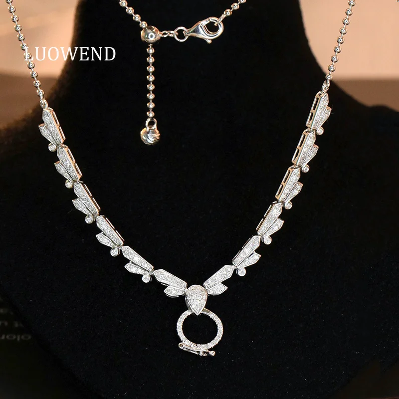 LUOWEND 100% 18K White Gold Necklace Luxury Fashion Design Real Natural Diamond Universal Clasp Necklace for Women Fine Jewelry