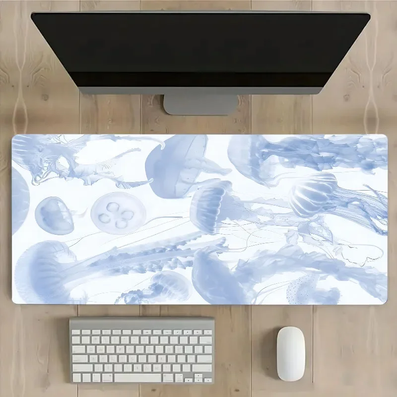 Tapis de souris pour femme, cheveux longs, méduse bleu clair, grand tapis de clavier d'ordinateur avec Base en caoutchouc antidérapante, bord cousu, cadeau