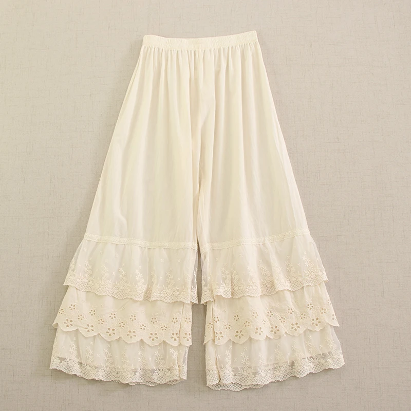 Summer LIGHT SHEER THIN Cotton Layered Wide Leg Pants Women Elastic Waist Basic Embroidered Pants