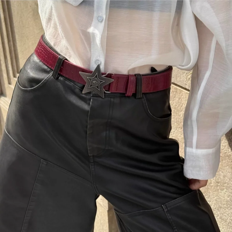 Hip-hop Retro Ladies Belts Gothic Punk Five-pointed Star Buckle Pu Leather Girdle Rock Y2k Popular Wine Red Waistband Belt