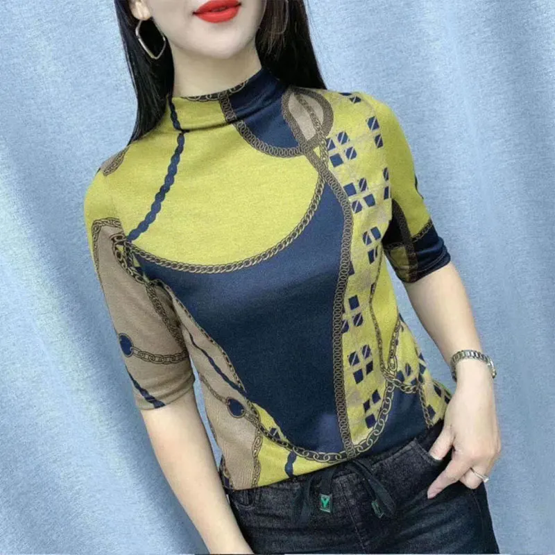 

Spring Summer Chain Printed Letter Pullovers Casual Half High Collar Female Clothing Spliced Vintage Commute Half Sleeve T-shirt