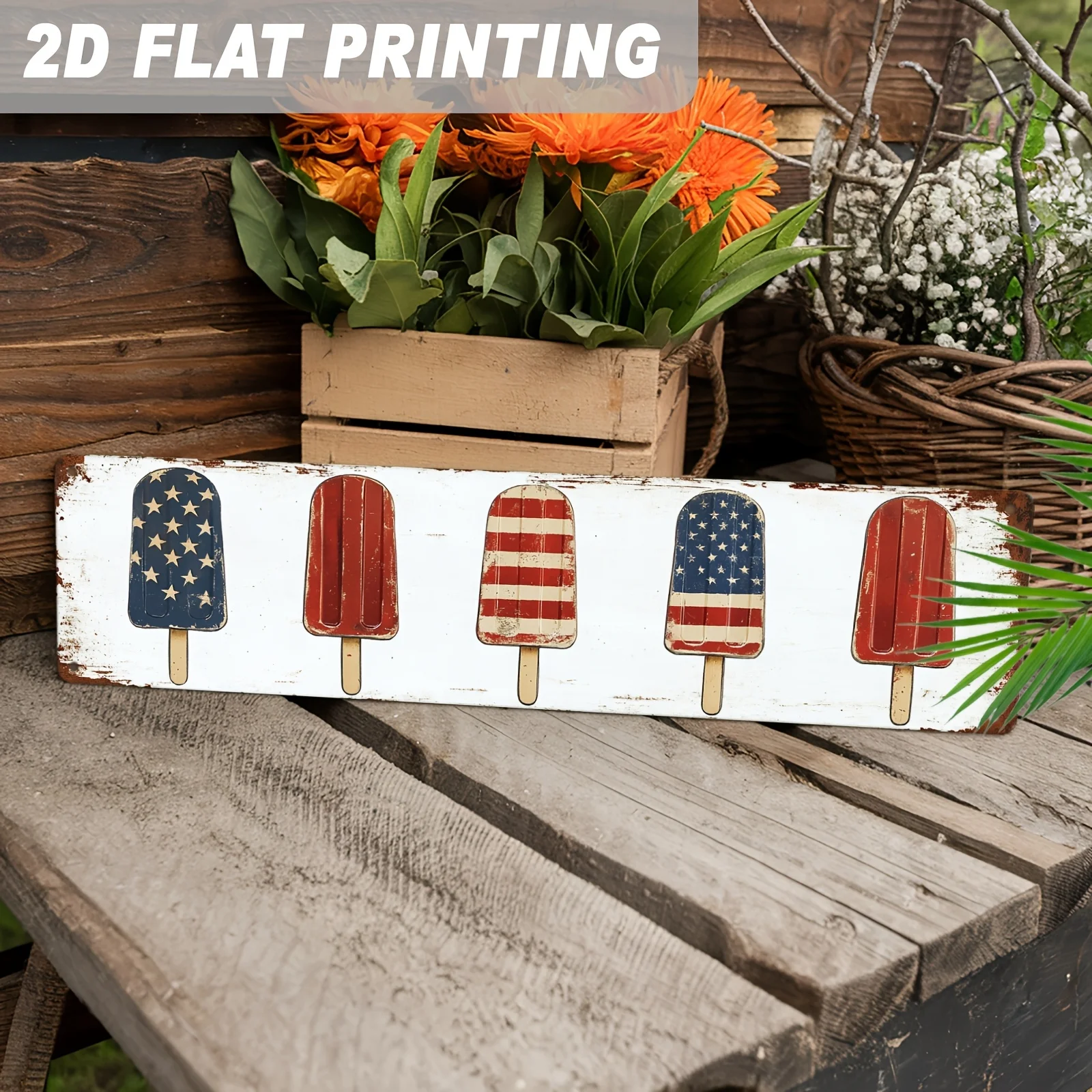 1pc American Flag Popsicle Design Metal Sign Patriotic Theme Wall Hanging Vintage Rustic Decor for Independence Day